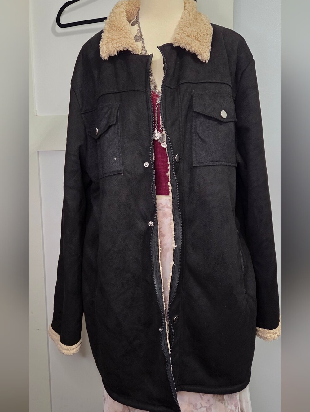 Black Faux Suede Shearling-Lined Long Jacket